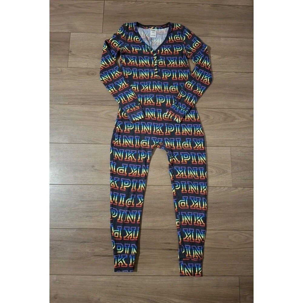 Victorias Secret PINK One Piece All Over Print Rainbow Logo Thermal Medium